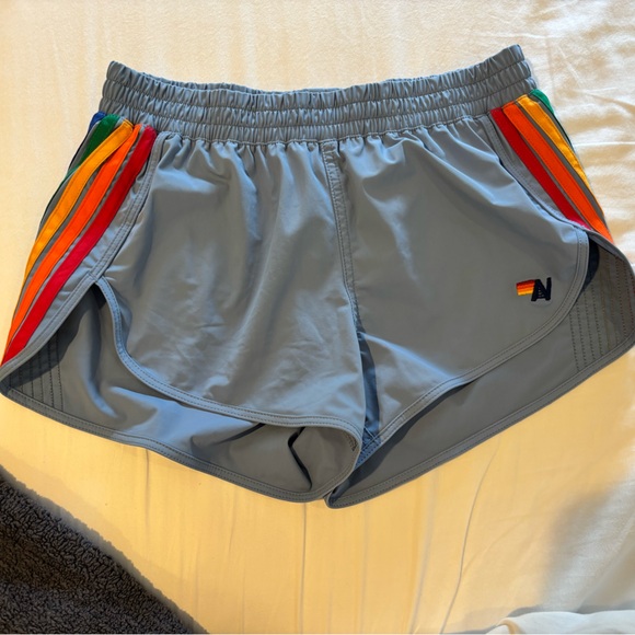 NWOT aviator nation - Women's Blue Athletic Shorts with Rainbow Stripes - Picture 1 of 4